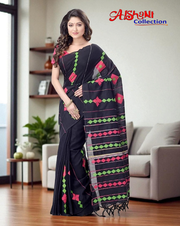 Applique Work Khandi Cotton Khesh Handloom Saree with Blouse Piece (Black & Multicolor)