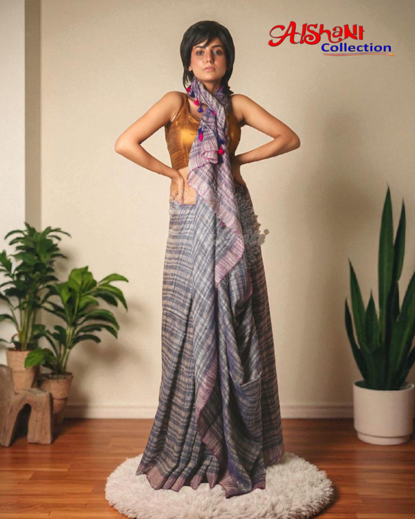 Woven Banana & Jute Silk Ketiya Handloom Saree with Blouse Piece (Multicolor)