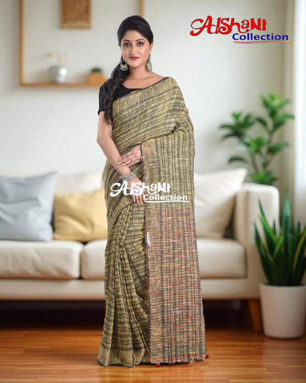 Woven Banana & Jute Silk Ketiya Handloom Saree with Blouse Piece (Multicolor)
