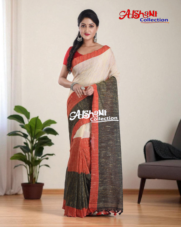 Woven Banana & Jute Silk Ketiya Handloom Saree with Blouse Piece (Multicolor)