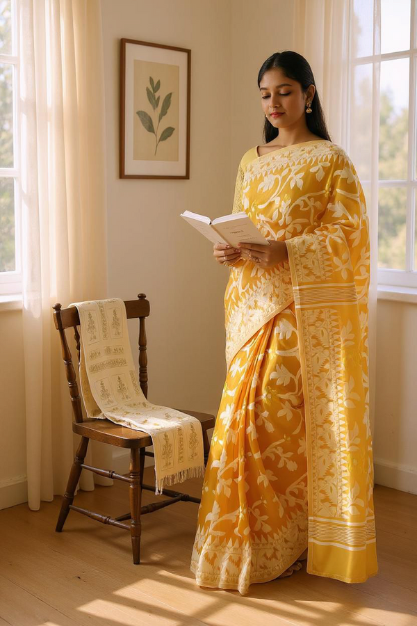 Aishani Collection Woven Cotton Silk Dhakai Jamdani Saree without Blouse Piece (Musterd Yellow)