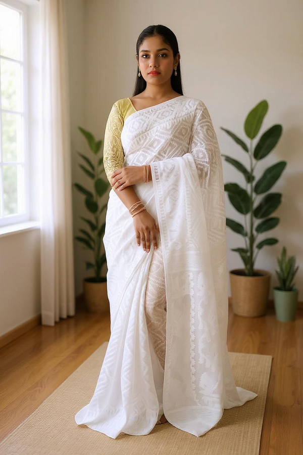 Aishani Collection Woven Cotton Silk Dhakai Jamdani Saree without Blouse Piece (White)