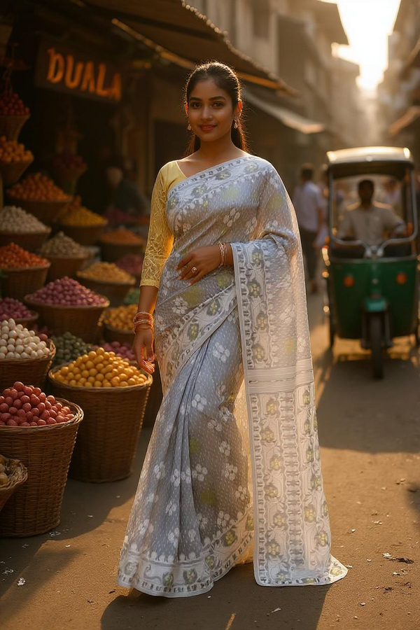 Aishani Collection Woven Cotton Silk Dhakai Jamdani Saree without Blouse Piece (Grey)