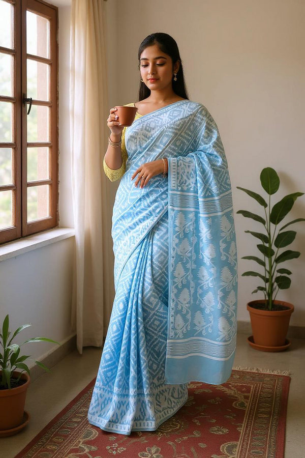 Aishani Collection Woven Cotton Silk Dhakai Jamdani Saree without Blouse Piece (Sky Blue)