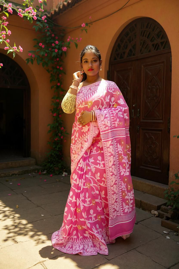 Aishani Collection Woven Cotton Silk Dhakai Jamdani Saree without Blouse Piece (Pink)