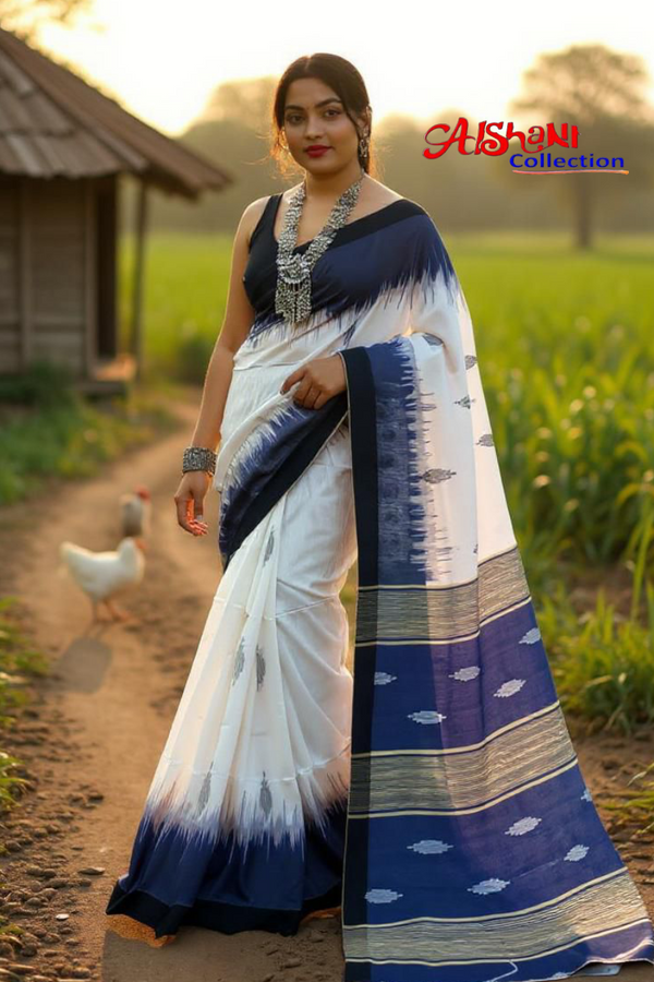 Woven & Emboidery Cotton Silk Ikkat Work Handloom Saree With Blouse Piece (White & Blue)