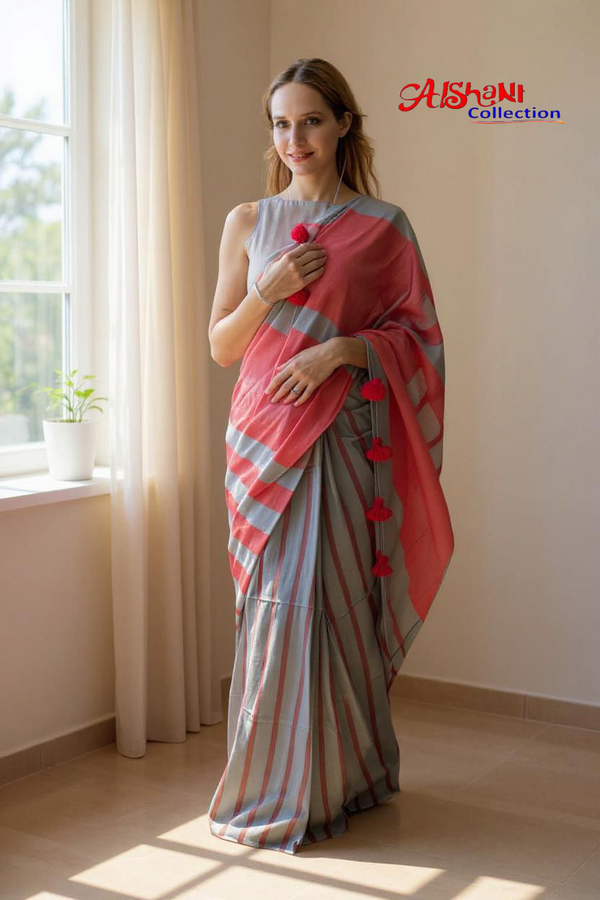 **Aishani Collection – Khandi Cotton Multicolor Saree with Blouse Piece** (RED)