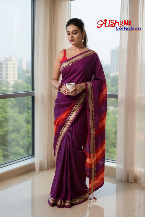 Woven Khandi Cotton Narayanpeth Handloom Saree with Blouse Piece (Majenta & Multicolor)