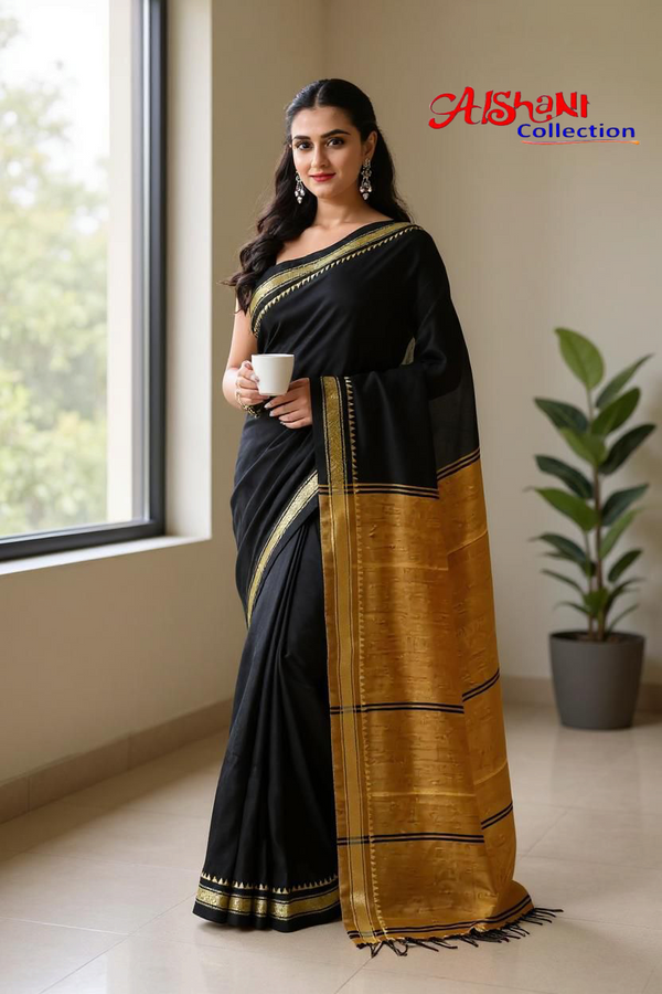 Woven Khandi Cotton Narayanpeth Handloom Saree with Blouse Piece (Black & Multicolor)