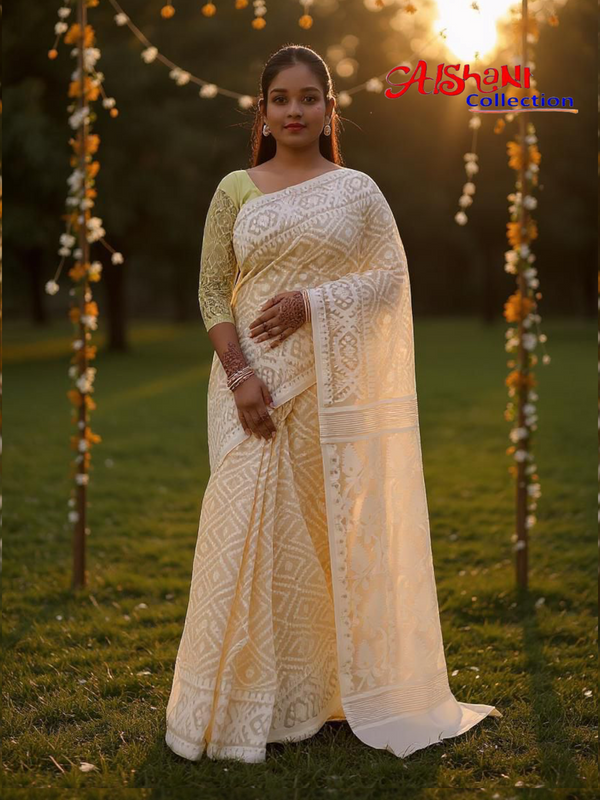 Aishani Collection Woven Cotton Silk Dhakai Jamdani Saree without Blouse Piece (Beige)