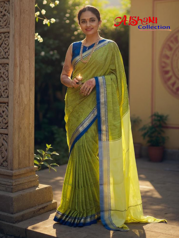 Woven Khandi Cotton Narayanpeth Handloom Saree with Blouse Piece (Green & Multicolor)