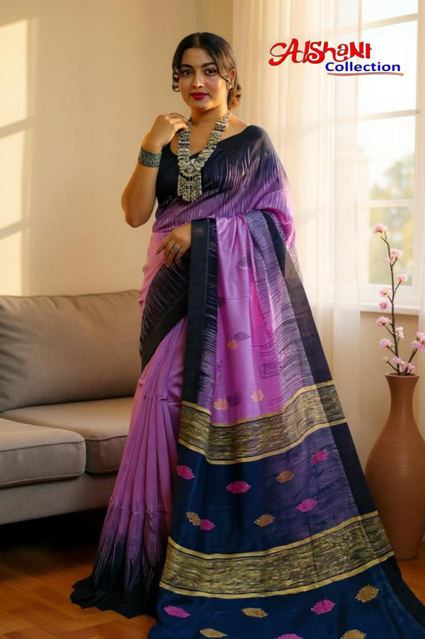 Woven & Emboidery Cotton Silk Ikkat Work Handloom Saree With Blouse Piece (Purple & Blue))