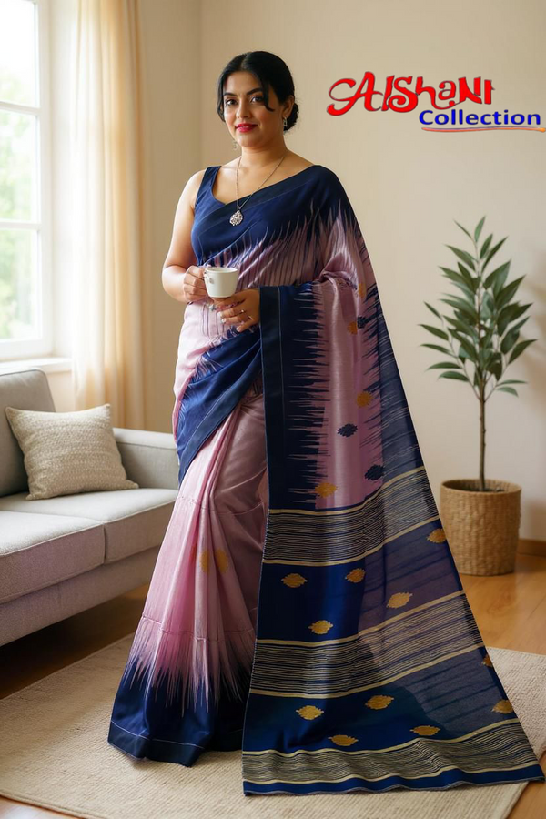 Woven & Emboidery Cotton Silk Ikkat Work Handloom Saree With Blouse Piece ( Pink & Blue)