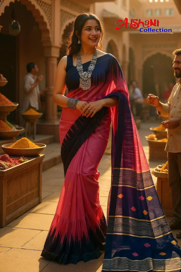 Woven & Emboidery Cotton Silk Ikkat Work Handloom Saree With Blouse Piece (Pink & Blue)