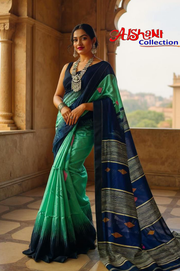 Woven & Emboidery Cotton Silk Ikkat Work Handloom Saree With Blouse Piece (Green & Blue)