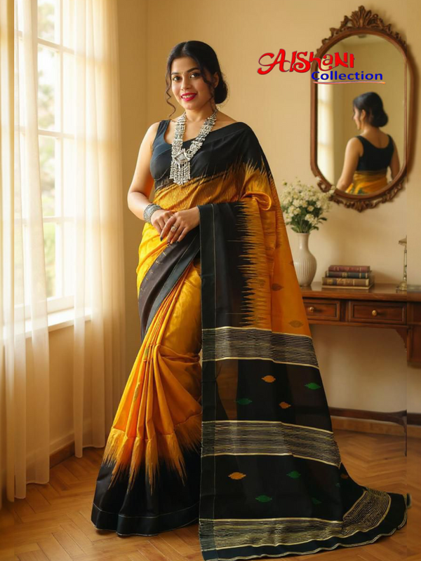 Woven & Emboidery Cotton Silk Ikkat Work Handloom Saree With Blouse Piece ( Yellow & Blue)