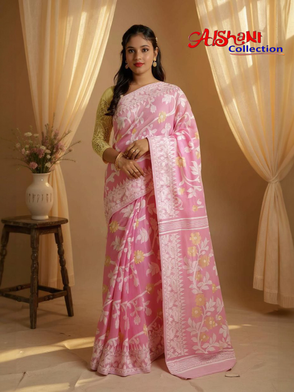 Aishani Collection Woven Cotton Silk Dhakai Jamdani Saree without Blouse Piece (Purple)