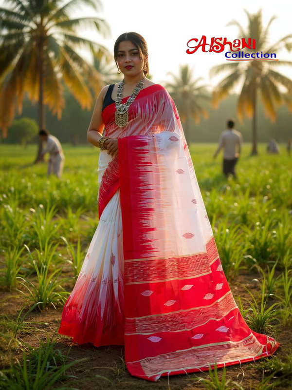 Woven & Emboidery Cotton Silk Ikkat Work Handloom Saree With Blouse Piece (Red & White)