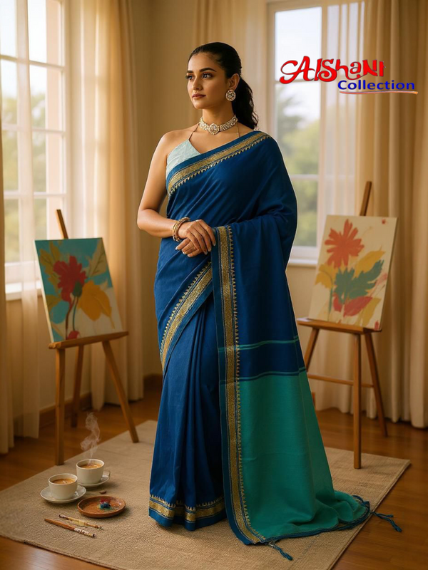 Woven Khandi Cotton Narayanpeth Handloom Saree with Blouse Piece (Blue & Multicolor)