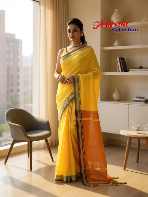 Woven Khandi Cotton Narayanpeth Handloom Saree with Blouse Piece (Yellow & Multicolor)