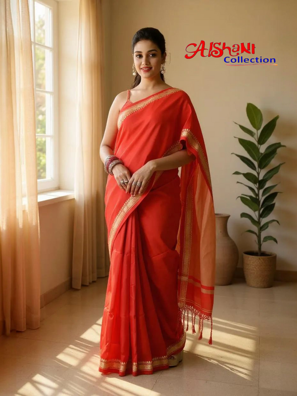 Woven Khandi Cotton Narayanpeth Handloom Saree with Blouse Piece (Red & Multicolor)