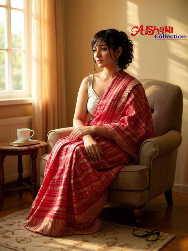 Woven Banana & Jute Silk Ketiya Handloom Saree with Blouse Piece (Red & Multicolor)
