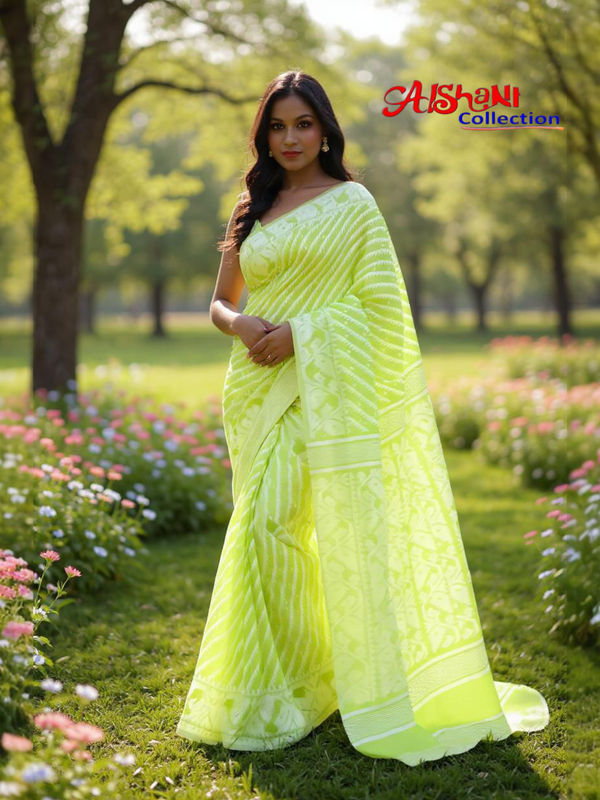 Aishani Collection Woven Cotton Silk Dhakai Jamdani Saree without Blouse Piece (Light Green)