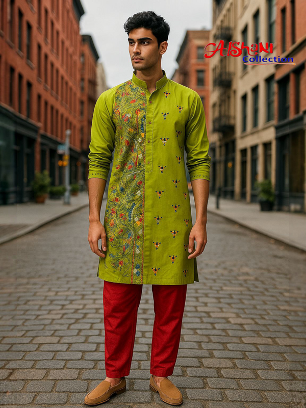 Pure Cotton Hand Embroidery Kantha Stitch Pujnjabi for Men Free Size