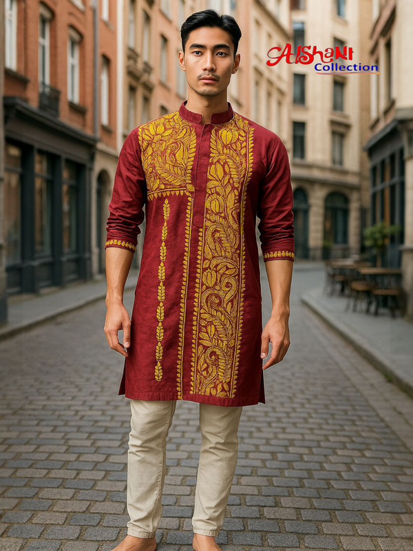 Pure Cotton Hand Embroidery Kantha Stitch Pujnjabi for Men Free Size