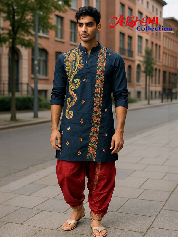 Pure Cotton Hand Embroidery Kantha Stitch Pujnjabi for Men Free Size