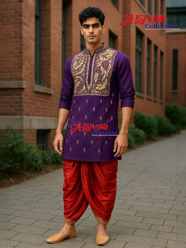 Pure Cotton Hand Embroidery Kantha Stitch Pujnjabi for Men Free Size