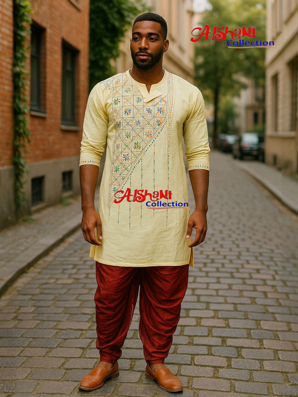 Pure Cotton Hand Embroidery Kantha Stitch Pujnjabi for Men Free Size (