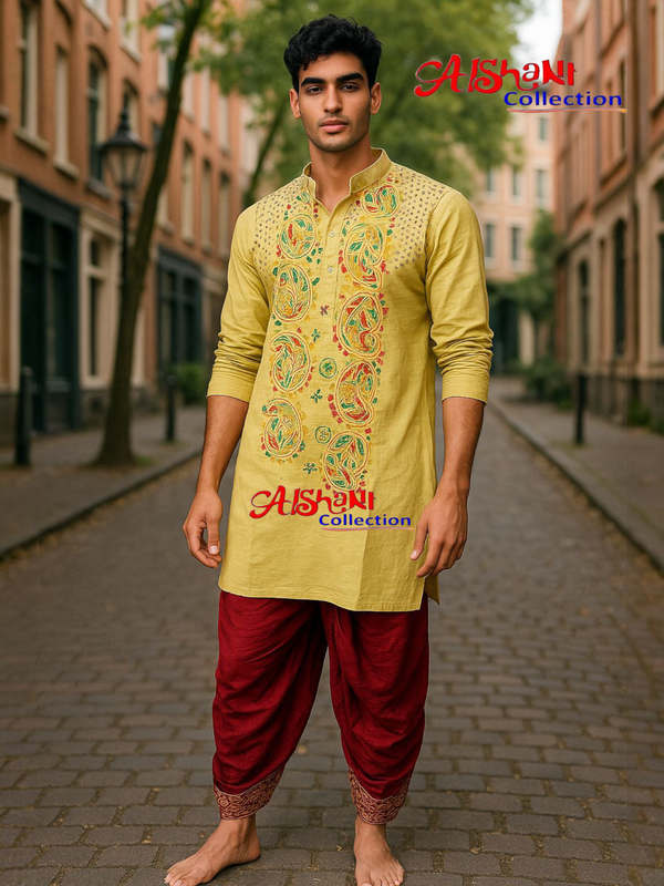 Pure Cotton Hand Embroidery Kantha Stitch Pujnjabi for Men Free Size (