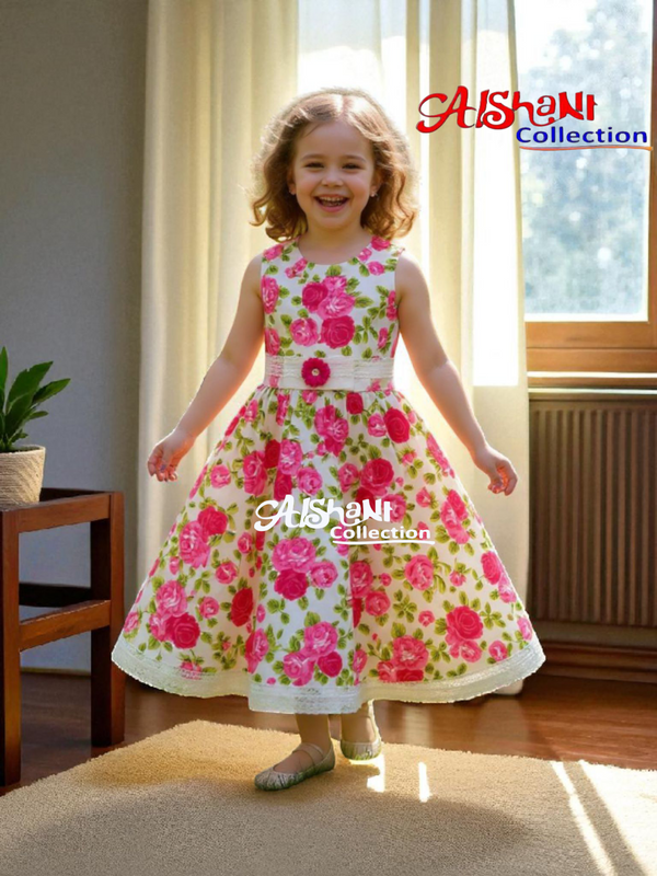 Aishani Collection Synthetic Silk Floral Print Frock for Girls (Pink)