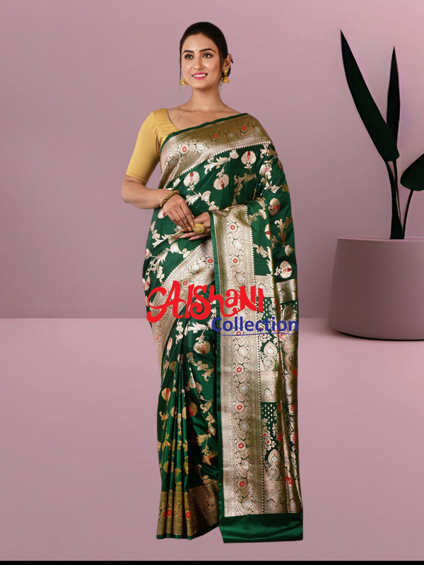 Woven Pure Katan Silk Minakari Banarasi Wedding Saree with Blouse Piece (Dark Green)