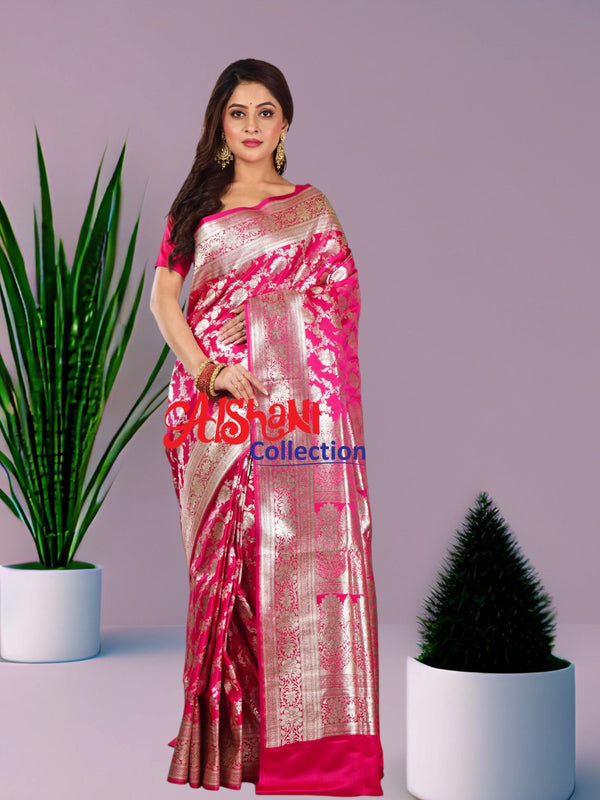 Woven Pure Katan Silk Patlipallu  Banarasi Wedding Saree with Blouse Piece (Dark Pink 1)
