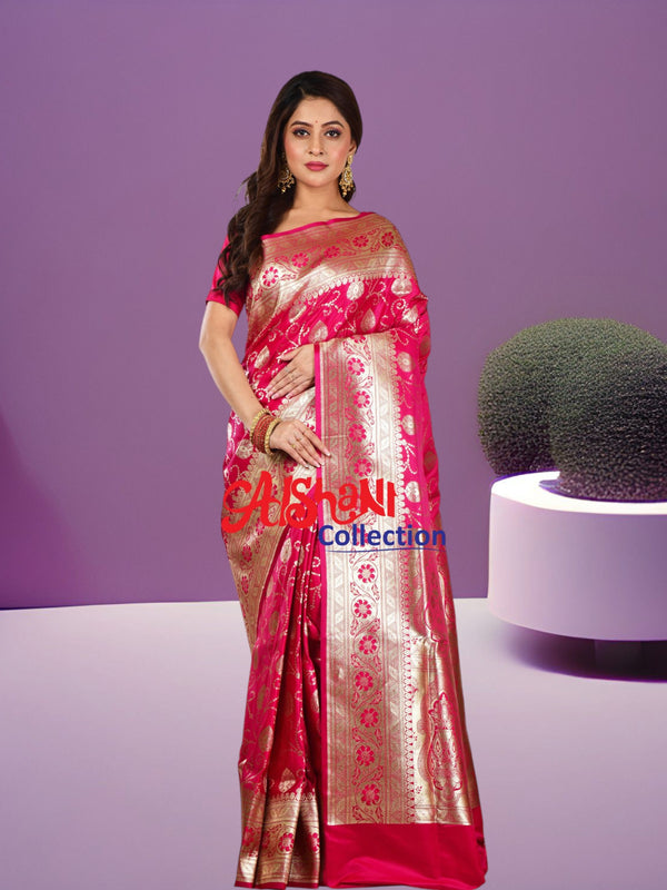 Woven Pure Katan Silk Patlipallu  Banarasi Wedding Saree with Blouse Piece (Dark Pink 2)