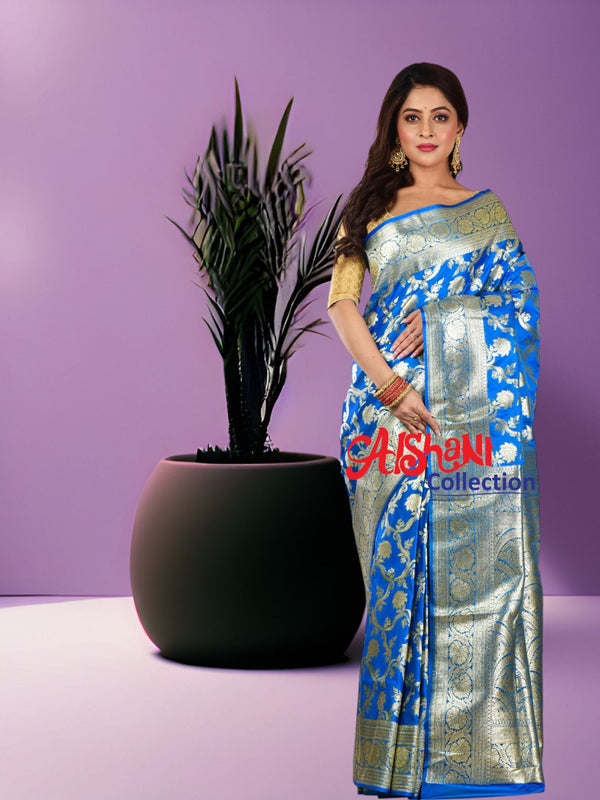 Woven Pure Katan Silk Patlipallu  Banarasi Wedding Saree with Blouse Piece (Firoja Blue)