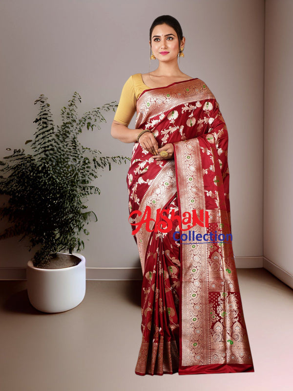 Woven Pure Katan Silk Minakari Banarasi Wedding Saree with Blouse Piece (Maroon)
