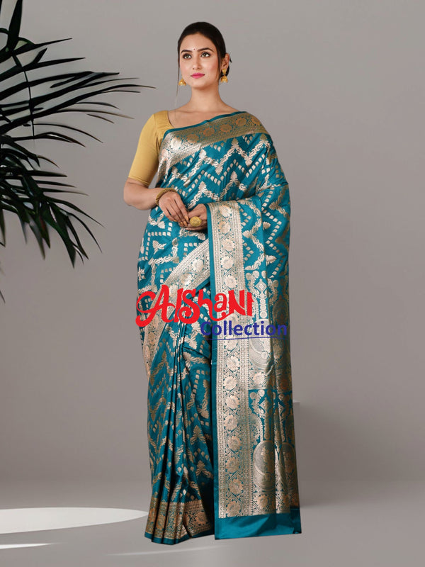 Woven Pure Katan Silk Patlipallu  Banarasi Wedding Saree with Blouse Piece (Teal Green)