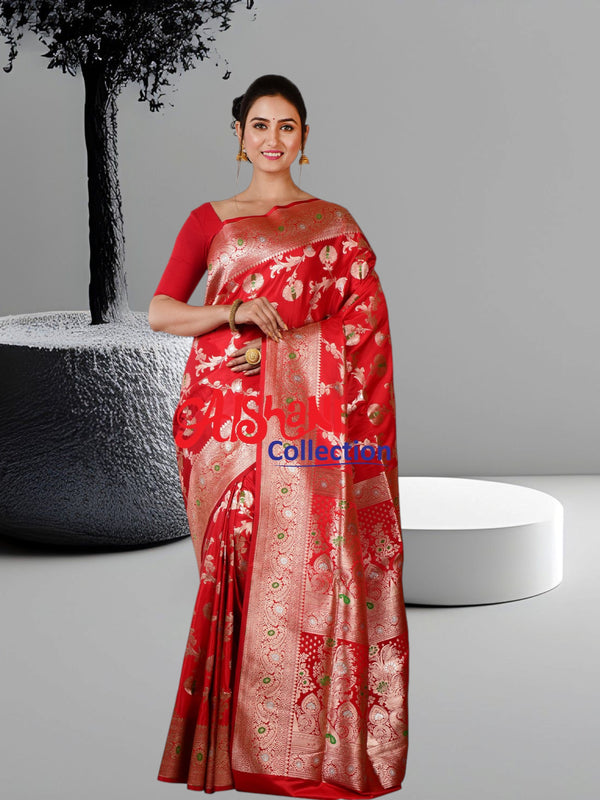 Woven Pure Katan Silk Minakari Banarasi Wedding Saree with Blouse Piece (Red & Multicolor)