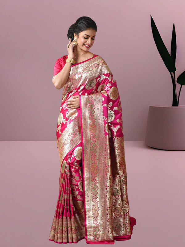 Woven Pure Katan Silk Minakari Banarasi Wedding Saree with Blouse Piece ( Dark Pink & Multicolor)