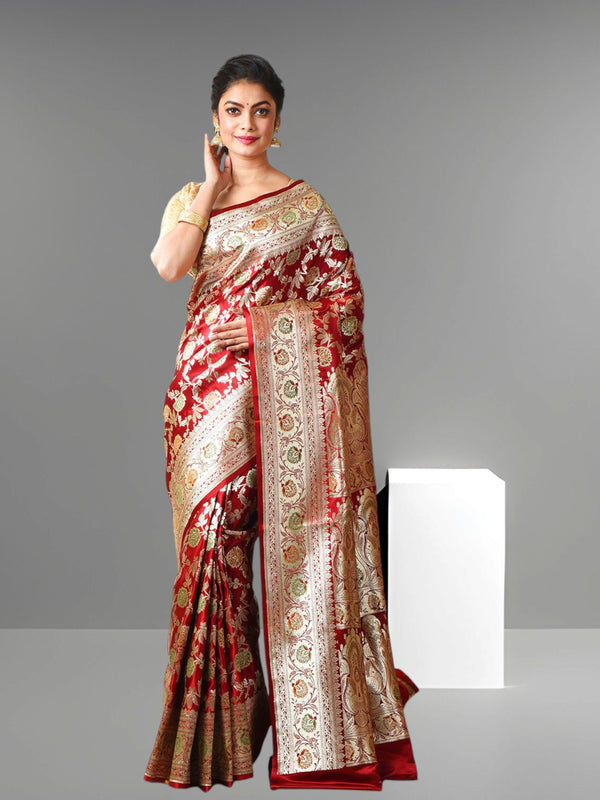 Woven Pure Katan Silk Minakari Banarasi Wedding Saree with Blouse Piece (Maroon  & Multicolor)