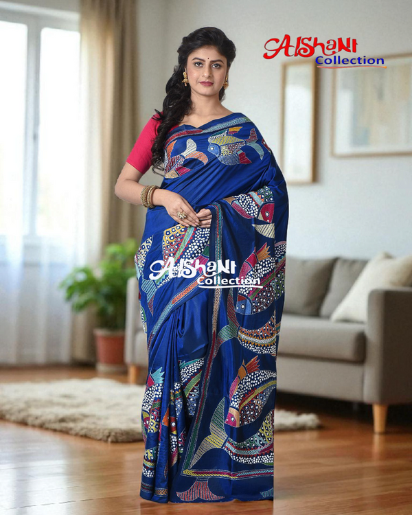 Pure Bangalore Silk Hand Embroidery Kantha Stitch Saree with Blouse Piece & SilkMark (Blue) (Copy)
