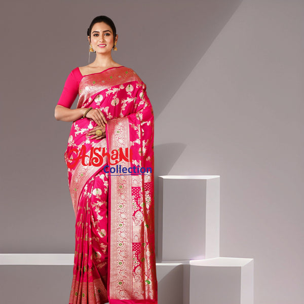 Woven Pure Katan Silk Minakari Banarasi Wedding Saree with Blouse Piece (Dark Pink)