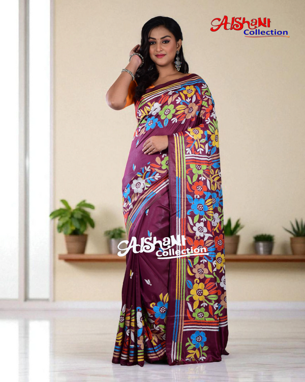 Hand Embroidery Kantha Stitch Blended Bangalore Silk Saree with Blouse Piece (Majenta & Multicolor)