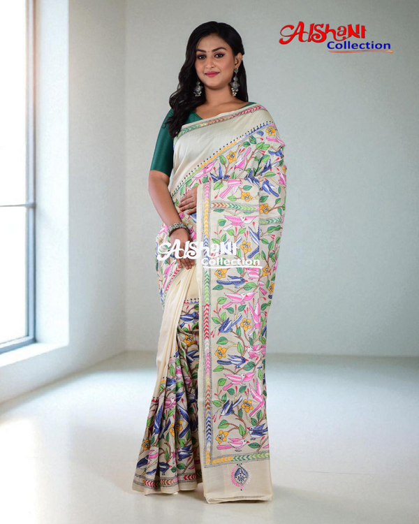 Pure Tussar Silk Hand Embroidery Kantha Stitch Saree with Blouse Piece & SilkMark (White)