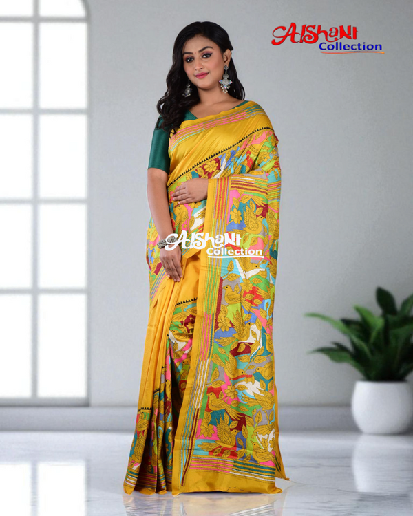 Pure Bangalore Silk Hand Embroidery Reverse Kantha Stitch Saree with Blouse Piece & SilkMark