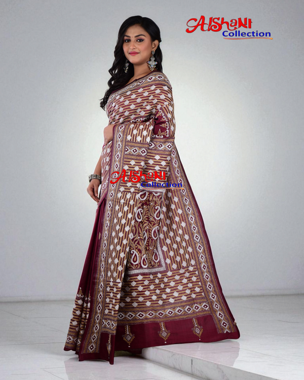 Pure Bangalore Silk Hand Embroidery Kantha Stitch Saree with Blouse Piece & SilkMark (Maroon)