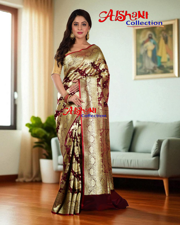 Woven Banarasi Silk Wedding Saree with Blouse Piece (MAROON)